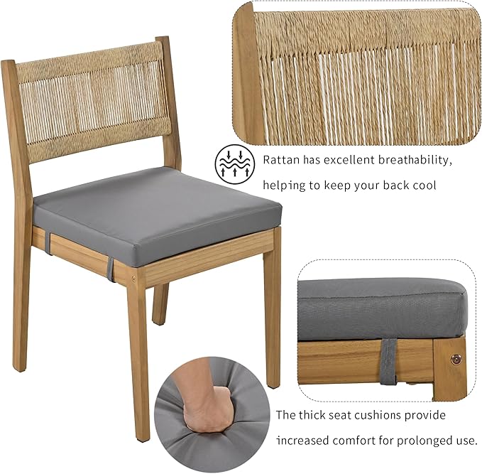 VilroCaz 5 Pieces Patio Dining Set, Acacia Wood Dining Table and Chair Set, All-Weather Outdoor Conversation Set Gathering Set with Thick Cushions for Garden Backyard Balcony (Gray+Acacia5)