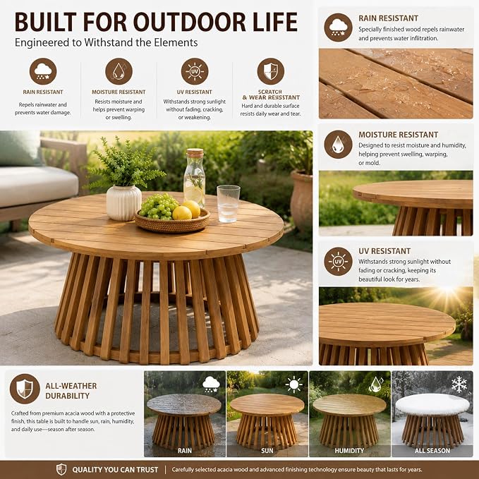 Round Outdoor Coffee Table for Patio, 31.5 Inch Acacia Wood Side Table with Slatted Pedestal Base, Farmhouse Outside Coffee Table for Garden, Balcony, Poolside, Porch, Weather-Resistant, Light Teak