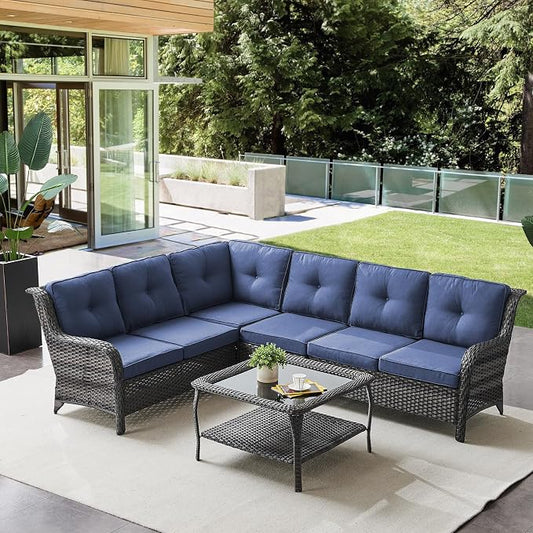 Belord Patio Furniture Set 6 Seats, Oversized Outdoor Sectional Couch, Two 3-Seater Sofas with Coffee Table, Patio Conversation Sets,Ideal for Porch, Deck, Gray Wicker/Blue