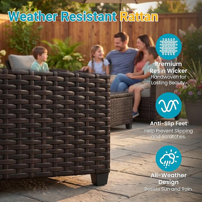FansaFurn 4 Piece Outside Furniture, Wicker Patio Furniture Set, All Weather Outdoor Patio Sofa with Cushion and Acacia Wood Table, Outdoor Sofa for Backyard, Porch, Lawn, Patio, Deck, Garden, Beige