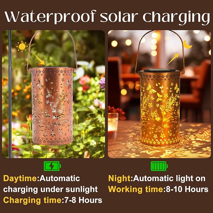 DIBIEECN Birthday Gifts for Women Mom Grandma Wife, Solar Lanterns Outdoor Waterproof, Metal Hanging Lights Garden Decor, LED Decorative Lantern for Patio Porch Backyard, Fairy, 1 Pack