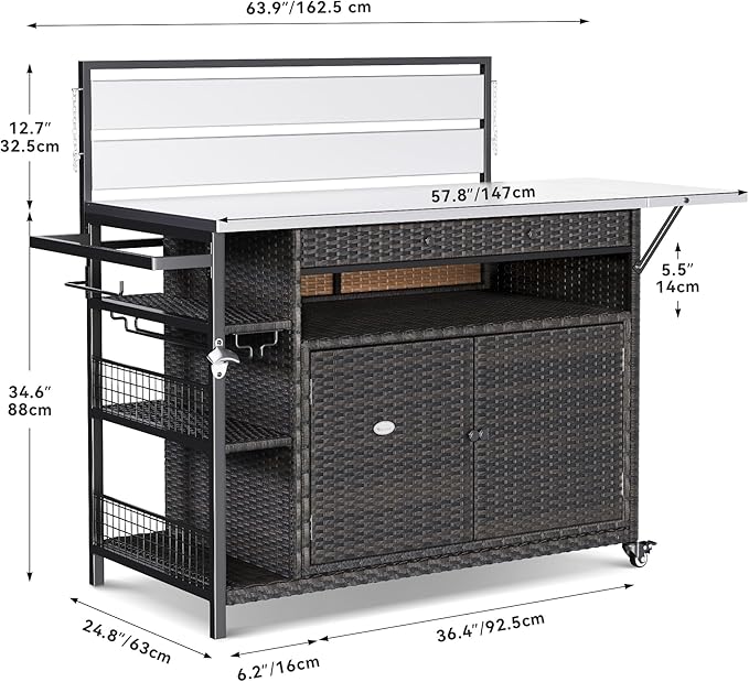 YITAHOME XL Outdoor Kitchen Wicker Island Rolling Cart & Storage Cabinet, Wheels and Stainless Steel Extended Table Top, Side Handle for Patio Kitchen or Bar Cart, Dark Brown