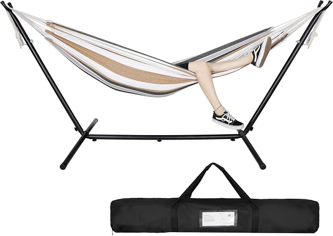 Portable 2-Person Hammock with Heavy Duty Steel Stand, Carrying Case and 6 Optional Hook Positions, Double Hammock for Indoor Outdoor Patio Bedroom (Desert Stripes)