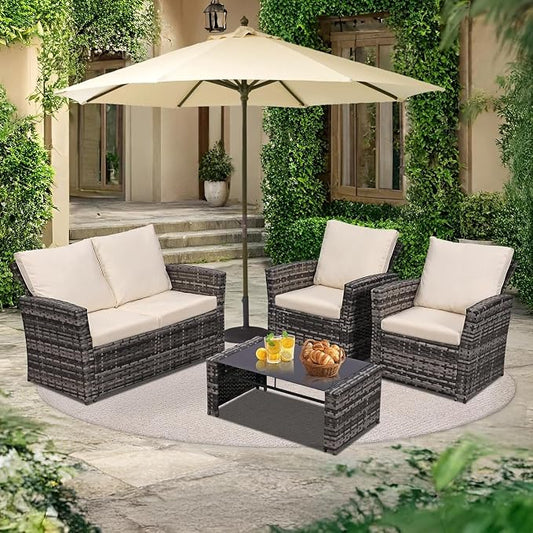 4 Piece Outdoor Patio Furniture Set with Wicker Sectional Sofa Couch, Cushioned Conversation Set and Coffee Table for Garden, Balcony, Porch Lounge Seating Area