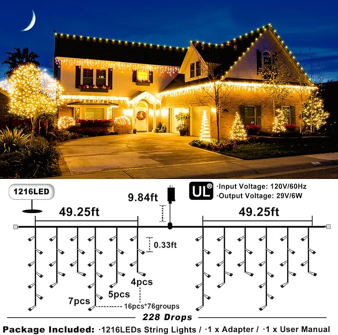 Warm White Christmas Lights Outdoor 99ft 1216 LED Icicle Lights for Outside | Plug in Clear Wire Waterproof Timer Memory for House Eaves Yard Wedding Party Holiday Decorations, 228 Drops String Lights