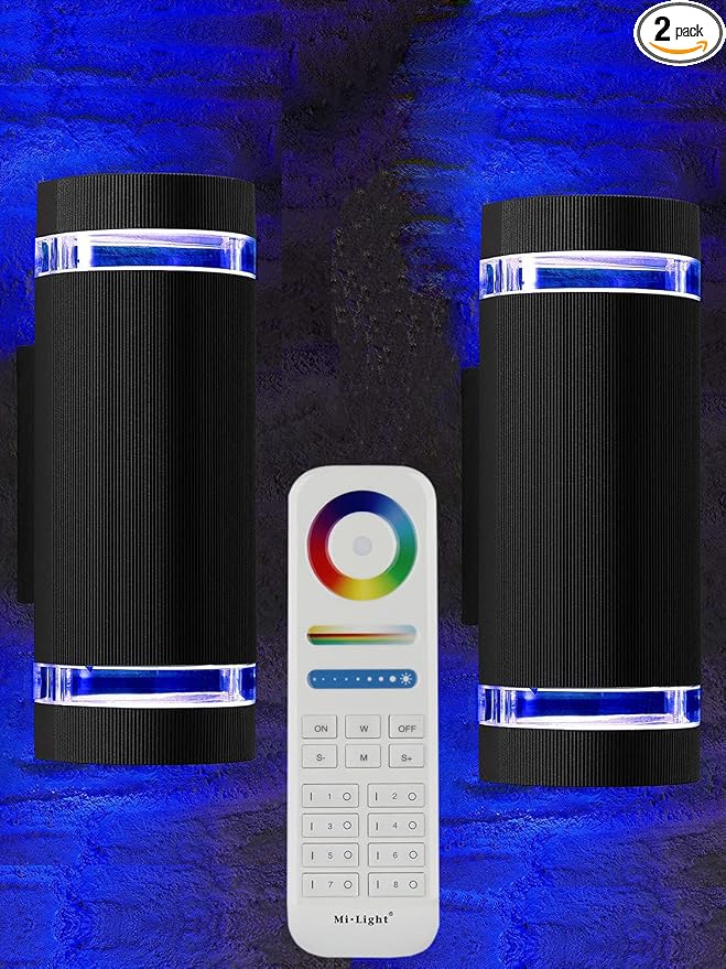 RGB Color Changing Lighting LED Double Up and Down Outdoor Wall Light 12W 1200lm,White Temperature 2700k- 6500k RGB+CCT 9 Modes Exterior Wall Lighting-ETL Listed (2 Pack)