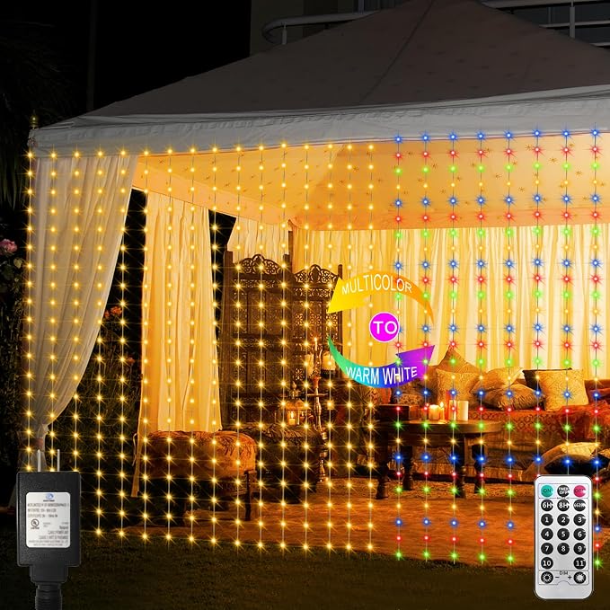 echosari 20Ft x 10Ft Large Curtain Lights Plug in Warm White & Multicolor | 600 LED Dual Color Changing Outdoor Curtain Lights Waterproof Connectable with Remote for Wedding Backdrop Yard Decor
