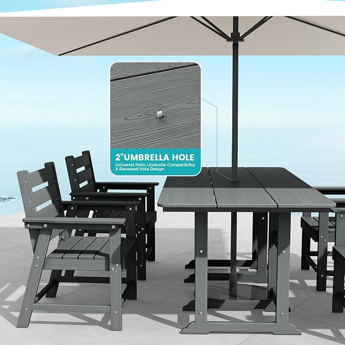 7-Piece Dining Set, HDPE Table & 6 Chairs, Grey | HDPE Dining Set: 69.1" Table + 6 Chairs, 380 lbs, 304 Stainless, All-Weather, No Rust No Crack, Outdoor Patio Garden