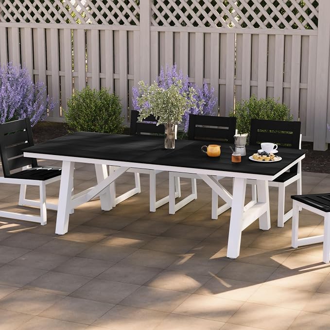 Costaelm Rectangle Patio Table, 8-Person Backyard Table 90" HDPE Dining Table with Umbrella Hole and Metal Frame for Outside, Garden, Poolside, Deck, Porch, Balcony, Black