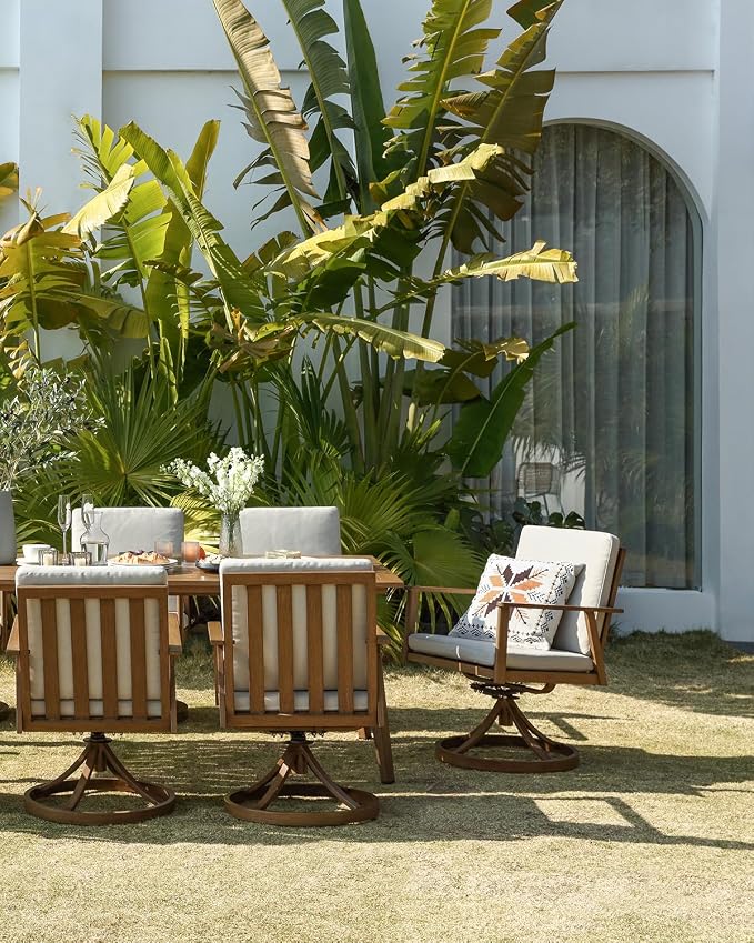7 Pieces Patio Dining Set with 6 Swivel Chairs, Never-Rust Aluminum Outdoor Dining Set, Patio Swivel Dining Set with Thick Cushions, Outdoor Furniture Set for Deck, Garden, Yard, Teak