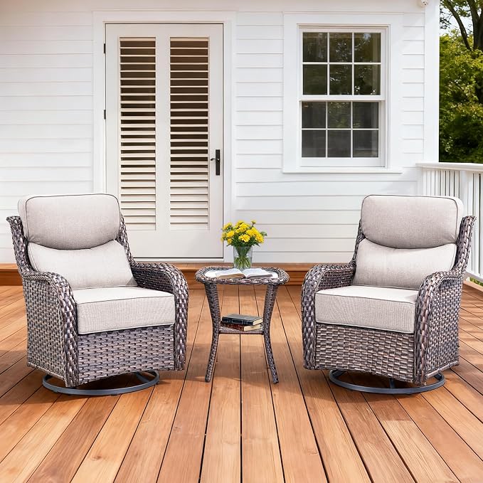 Luxury Outdoor Swivel Rocker Patio Chairs Set of 3, High Back Swivel Patio Chairs with Side Table & 6-Inch Thick Cushions, Wicker Outdoor Bistro Set for Porch, Yard, Deck, Poolside, Brown/Beige