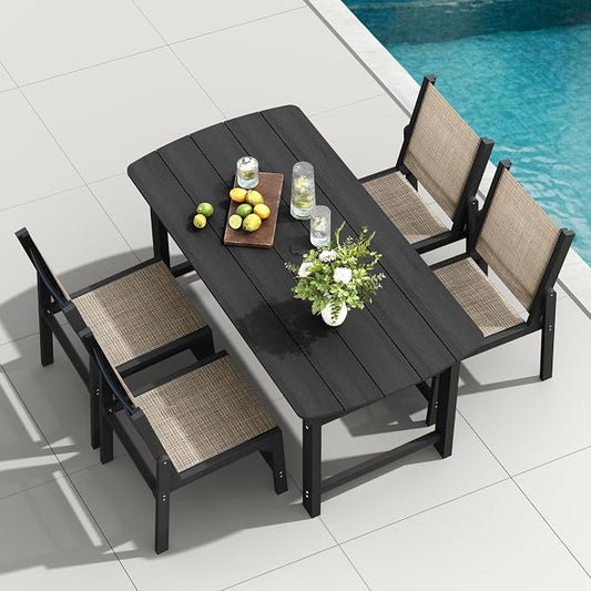HDPE Outdoor Patio Dining Set with Table & 4 Stackable Armless Textilene Chairs, All-Weather 5-Piece Dining Table Set with Umbrella Hole, Patio Furniture for Garden, Poolside, Backyard, Deck | Black