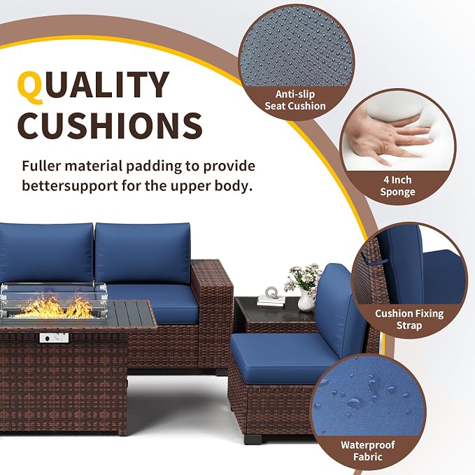 Patio Furniture with Fire Pit Table,8‘’ Wide armrest Outdoor Sectional Rattan Sofa Set, Wicker Patio Furniture Sets w/Coffee Table,Thick Cushions and Cover for Porch,Deck, 9PC(Brown&Navy)