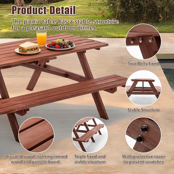12 Person Outdoor Wooden Picnic Tables with Benches for Patio Garden Backyard Large Outside Dining Table Set with Umbrella Hole