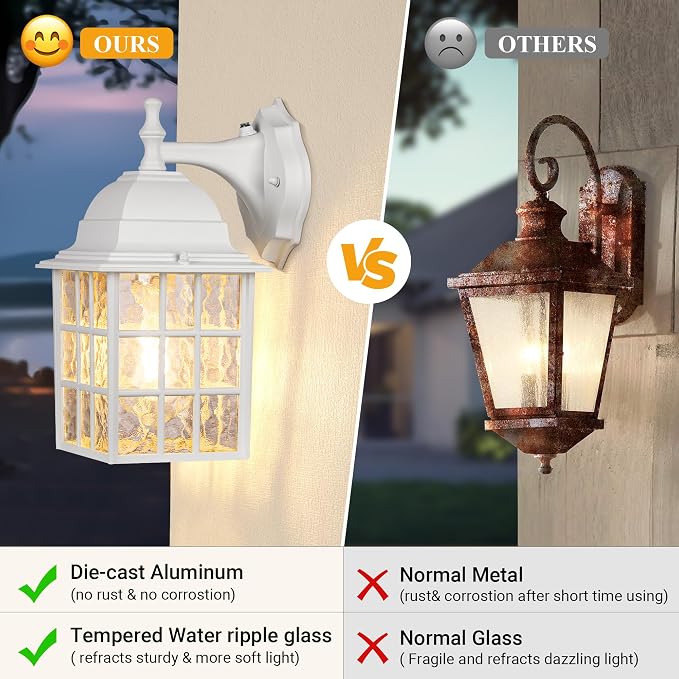 Dusk to Dawn Outdoor Light Fixture, 2 Pack Porch Lights Wall Mount, White | Aluminum Frame, Water Rippled Glass, Waterproof, E26, Sensor Exterior Lighting Fixtures, Wall Sconce For Garage, Front Door