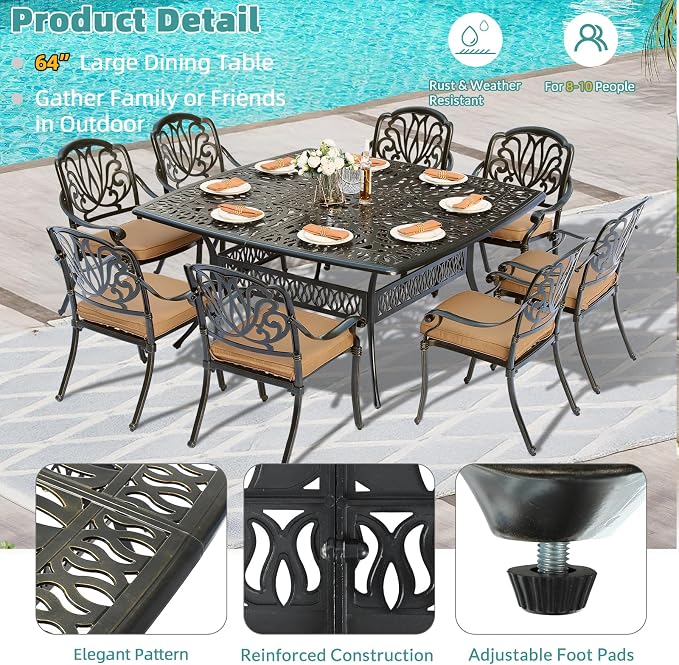 MEETWARM Outdoor 64" Square Patio Dining Table for 8, All Weather Cast Aluminum Large Patio Furniture Table Fits for 8-10 Person with 2.2" Umbrella Hole for Garden Backyard Lawn, Dark Bronze