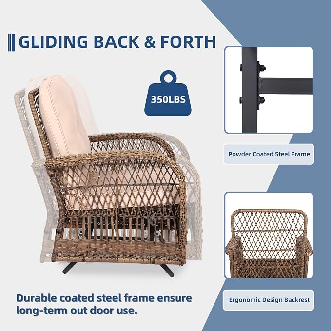 4-Piece Wicker Patio Furniture Sets Outdoor All-Weather Rattan Conversation Set Includes Glider Loveseat, Glass-Top Coffee Table, 2 Glider Rocker Chairs with Thickened Cushions