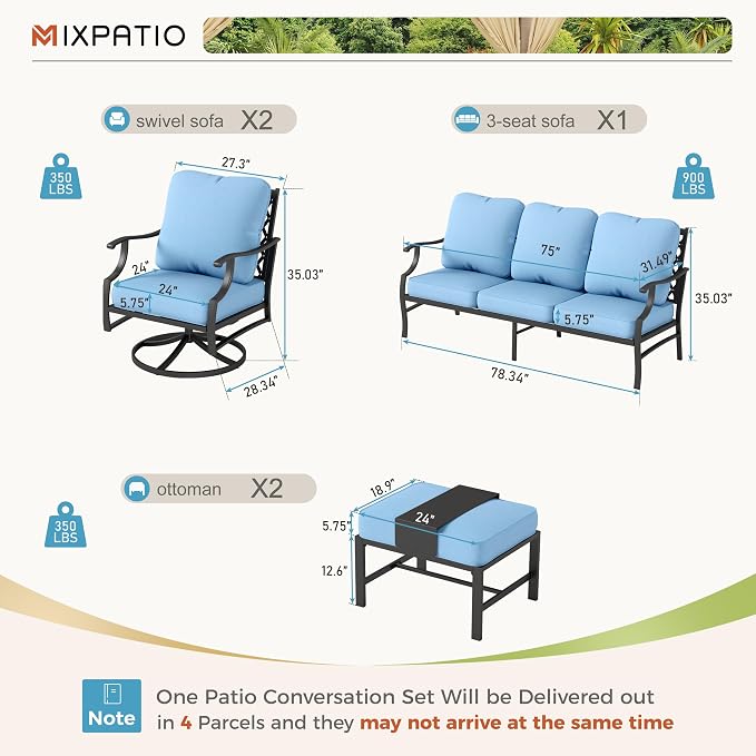 MIXPATIO Patio Furniture Set 5 pcs, Outdoor Patio Furniture, 3-Seat Sofa, 2 Swivel Chairs, 2 Ottomans and 5.75" Extra Thick Cushion, Patio Conversation Set for Garden Backyard Deck,Blue