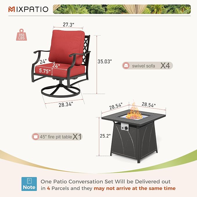 MIXPATIO Patio Furniture Set with Fire Pit Table, 5 Pcs Metal Outdoor Conversation Set, 4 Swivel Chairs with 5.75" Extra Thick Cushion and 28" Fire Pit Table for Backyard Deck, Red