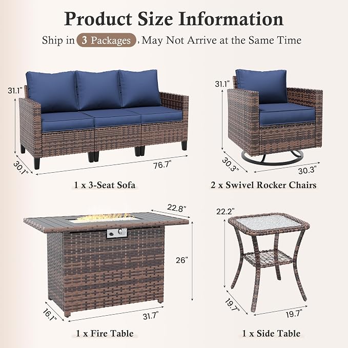 Amopatio Patio Furniture Set with Fire Pit Table, Wicker Outdoor Sectional Sofa with Swivel Rocker Chairs, All-Weather Rattan Conversation Set, Waterproof Cover for Backyard, Deck Brown/Navy 5 PCS