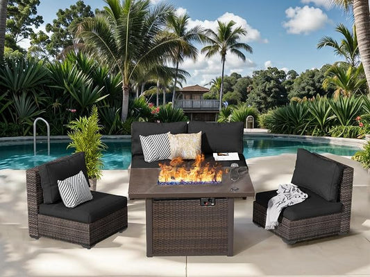 Grezone 5 Piece Patio Furniture Set with 44" Fire Pit Table, Outdoor Sectional Couch, PE Rattan Patio Conversation Sets with 4inch Cushions for Backyard Black