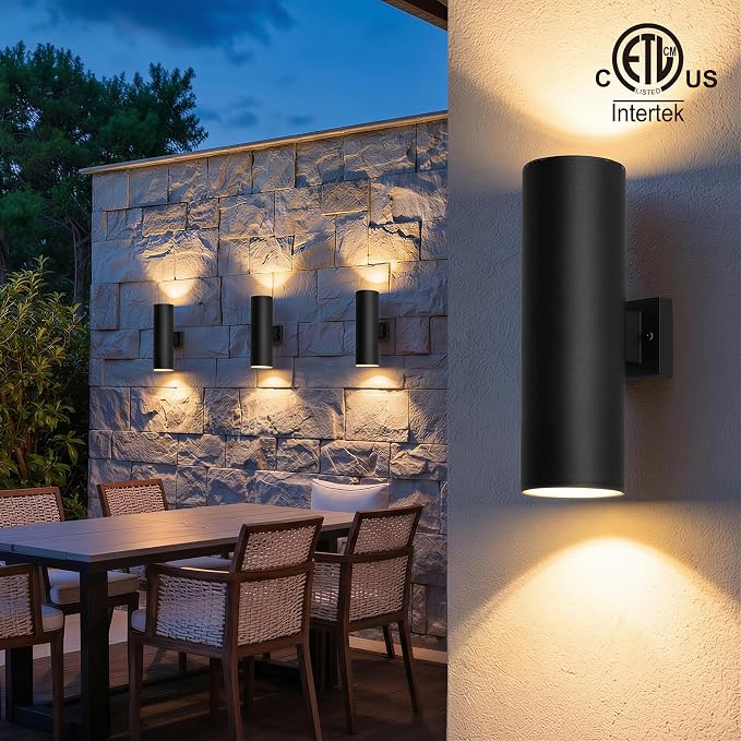 mirrea 18" Modern Outdoor Porch Light in 2 Lights, Matte Black, 4 Pack | Aluminum cylinder exterior fixtures, tempered glass cover, waterproof wall sconce & patio light for outdoor use.