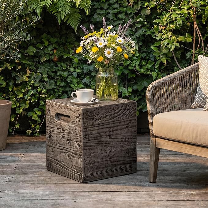 SUNBURY Outdoor Side Table, Faux Wooden Concrete Side Table, Square Lightweight End Table, Patio Accent Stump Stool Decorative for Planter Stand, Deck or Garden, Antique Black