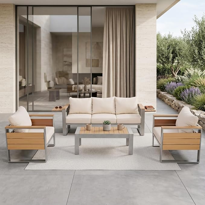 Sundale Outdoor Aluminum Patio Furniture Set, 4 Piece Metal Patio Conversation Sets with 5" Thick Cushions, Shimmer Coated Outdoor Couch with 2 Extendable Side Tables for Yard, Deck (Beige)