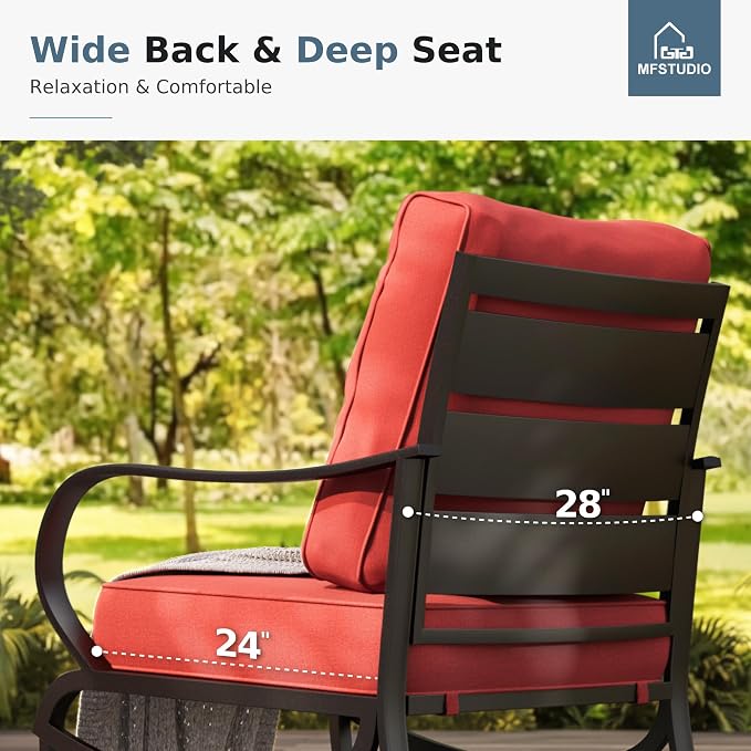 MFSTUDIO 4 Pieces Patio Conversation Sets(5 Seat), Outdoor Metal Furniture Sofa Set with 1 Loveseat(3 Seat), 2 Swivel Chairs, 1 Coffee Table, Steel Frame Patio Set with Burgundy Red Cushion for Patio