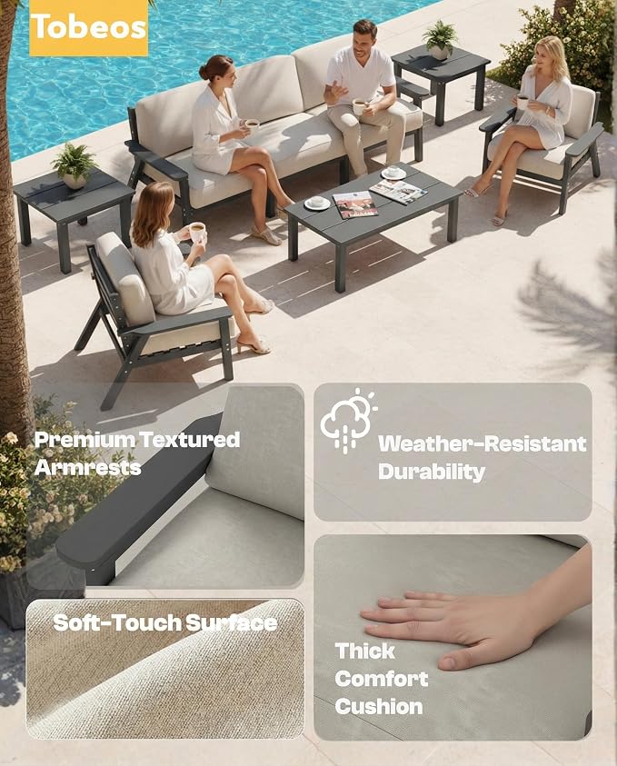 7 Piece HDPE Outdoor Furniture Set with Beige Cushions (Gray Frame) | All-Weather HDPE, Modular Design, Extra-Deep Seating, Thick Cushions, Ideal for Backyard, Deck & Porch