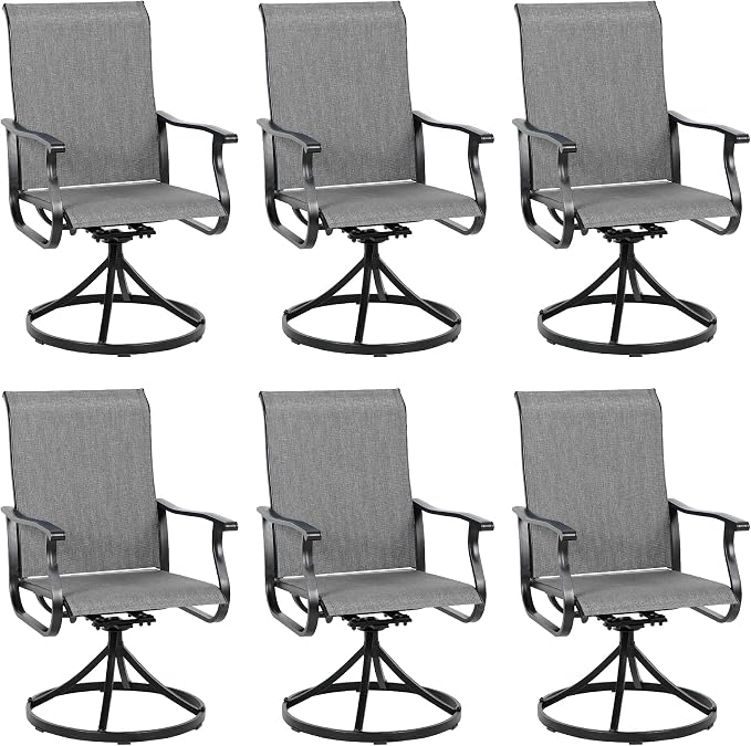 Crownland Outdoor Swivel Dining Chair Set of 6, All Weather 360° Swivel Rocking High Back Model Patio Dining Chairs, Textilene Fabric Wrought Iron Dining Chair Set for Backyard, Lawn, Garden(Grey)