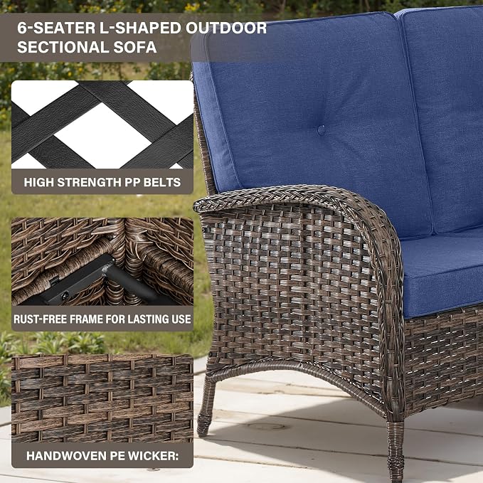 Belord 6-Seater Outdoor Sectional Sofa L Shaped Couch Patio Conversation Furniture Set, PE Wicker Patio Sectional Sofa with Removable Blue Cushion for Deck Sunroom Backyard