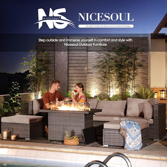 NICESOUL 20 Piece Extra Large Patio Furniture Set w/Fire Pit Table & Chaise Lounge, Modern Luxury Outdoor Group Seating w/Firepit, Comfortable 29.3" High-Back Sectional Couch Deep Seat, Light Gray