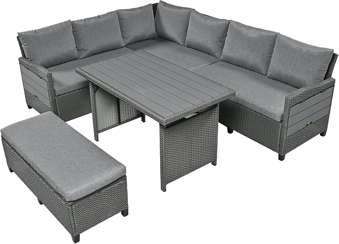 GDFStudio Brava Patio 5-Piece Conversation Set, Outdoor Rattan Sectional Sofa Set with Extendable Side Tables, Dining Table and Bench, L Shaped PE Wicker Furniture Set for Garden, Poolside, Grey