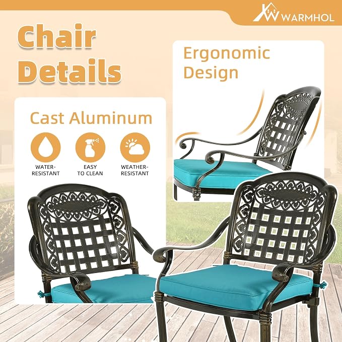 9-Piece Patio Furniture Dining Set, All Weather Cast Aluminum Outdoor Conversation Set- 61" Round Patio Dining Table with Detachable Lazy Susan & 8 Chairs, 2" Umbrella Hole, Ocean Blue