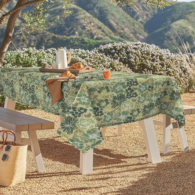 DYTXIII Outdoor Rectangle Tablecloth with Umbrella Hole and Zipper 84" x 60", Water Repellent Floral Picnic Cover, Fade & Wrinkle Resistant Tablecloth for Patio/Garden/Party Table, Green Rose