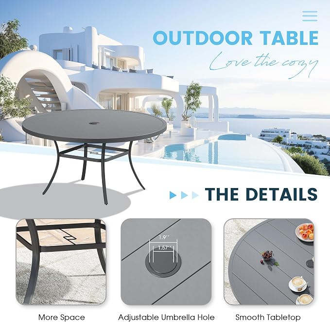 Patio Dining Table for 8-10, Round Metal Outdoor Table with 1.57" Umbrella Hole, 60" Outdoor Slat Tabletop Dining Table for Backyard, Porch, Lawn, Dark Grey