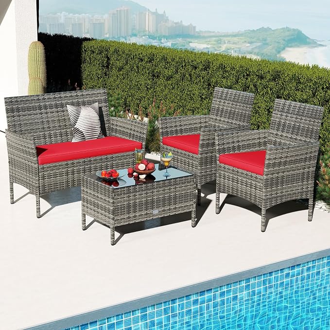 Tangkula 8 Pieces Patio Rattan Conversation Set, Outdoor Wicker Furniture Set with Cushioned Chair, Loveseat & Tempered Glass Table, Outside Sectional Sofa Set for Backyard (G-red,2)