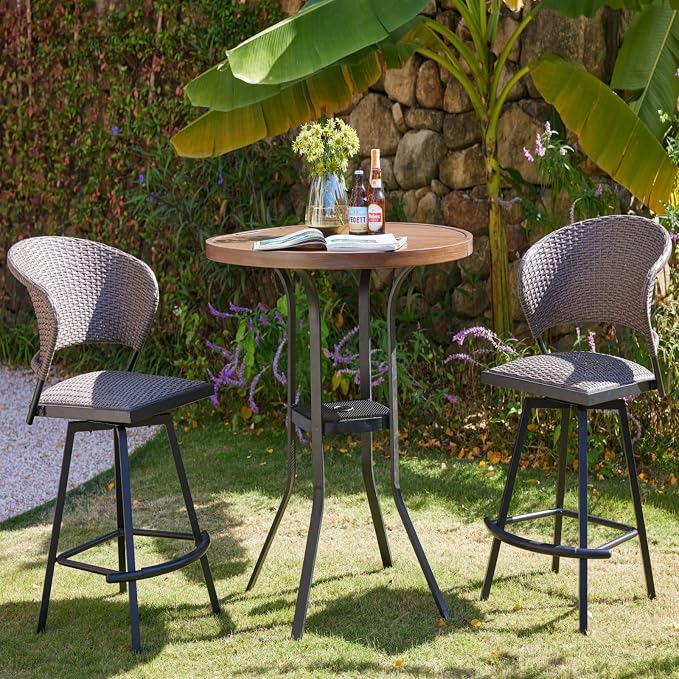 DIFY Patio Bar Height Table, 35.5" Round Outdoor Bistro Table with 1.57" Umbrella Hole for Poolside, Balcony, Pub and Garden, Walnut