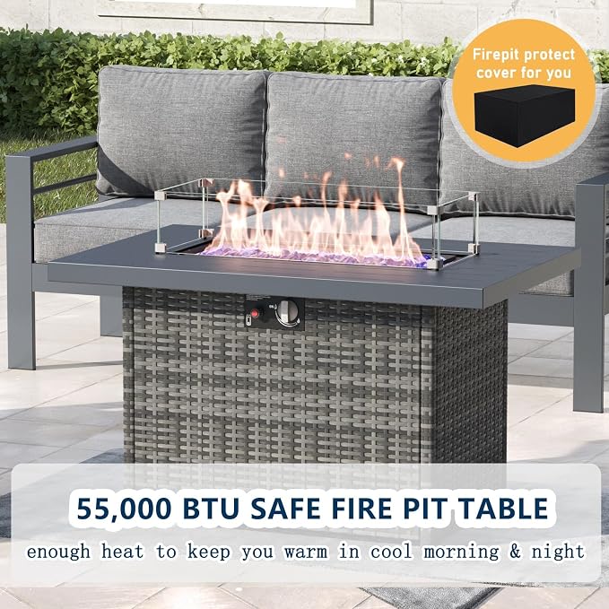 5 Pieces Aluminum Outdoor Patio Furniture Set with Fire Pit Table, Modern Metal Conversation Sofa Set with Deep Seating