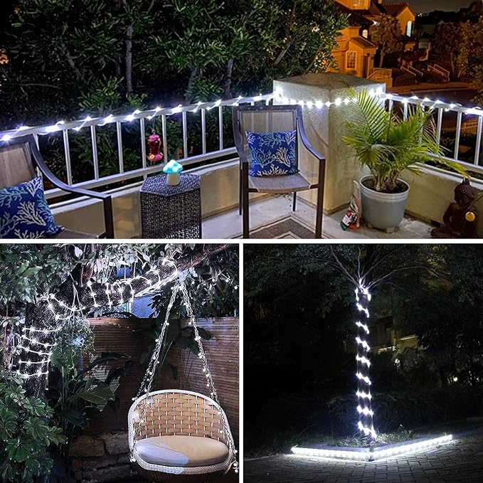 JMEXSUSS 2 * 200 LED White Solar Rope Lights | 66ft IP 65 Waterproof Solar String Light Outdoor, 8 Modes Christmas Lights for Camp Trampoline Ladder Slide Tent