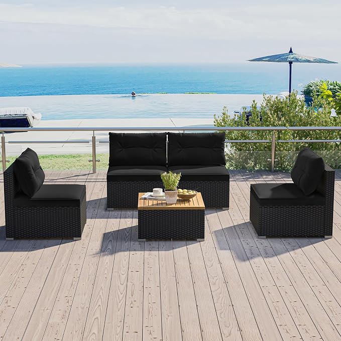 HAPPYGRILL 5 Pieces Patio Rattan Sofa Set, Outdoor Furniture Set with Seat & Back Cushions, Square Coffee Table with Acacia Wood Tabletop, Wicker Patio Conversation Set, Black