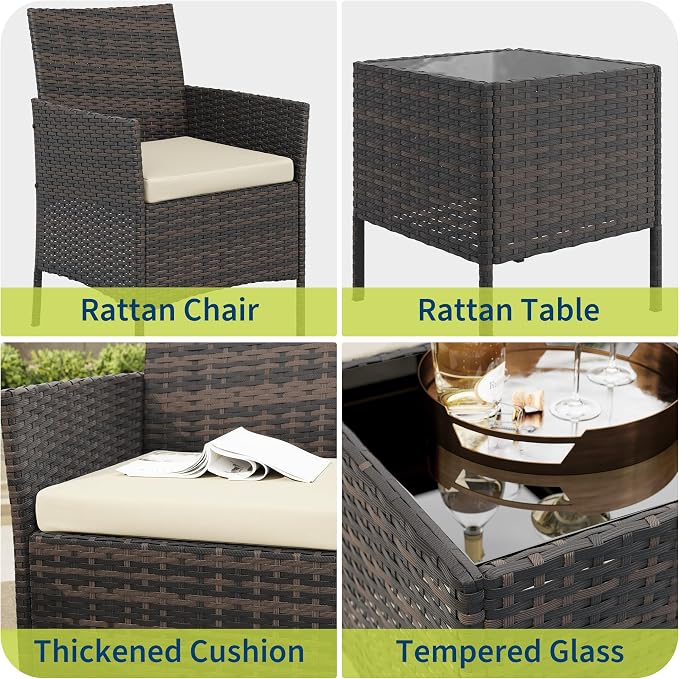 PeakPursuit 3 Pieces Patio Furniture Set, PE Rattan Wicker Patio Set with Soft Cushion and Glass Coffee Table, Upgraded Outdoor Patio Chairs and Table for Garden Poolside Balcony,White