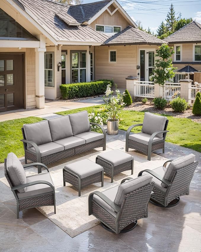 HUMMUH 7 Piece Outdoor Patio Furniture Sets-High Back Swivel Rocker Patio Chairs with Wicker Patio Couch Outdoor Conversation Furniture Set for Deck Porch Garden Poolside Backyard-Brown/Grey