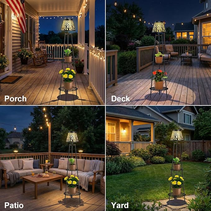 2 Pack Solar Floor Lamps Outdoor with 2-Tier Plant Stand, Metal Tall Planter Holder with Waterproof LED Lantern, Decorative Patio Light & Flower Pot Display Rack for Garden, Deck, Porch, Balcony