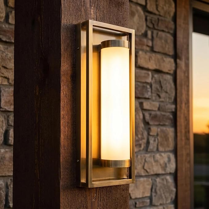 Hyunbae Modern LED Dusk to Dawn Outdoor Wall Sconce, Brushed Antique Brass | Photocell Sensor, 15W Dimmable Porch Light, 16" Exterior Sconce for House, Garage Patio Entryway Use, 3000K Warm White