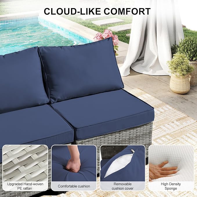 CANMOV 5 Pieces Patio Furniture Sets, All Weather Outdoor Patio Conversation Set, PE Wicker Rattan Sectional Sofa Couch Glass Coffee Table Washable Cushions for Backyard, Porch, Poolside, Navy Blue