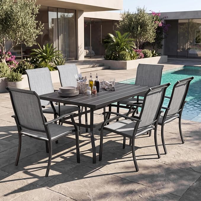 NUU GARDEN 7-Piece Patio Dining Set for 6, Outdoor Dining Table Set with Breathable Textilene Chairs, Weather-Resistant Metal Table with Umbrella Hole for Garden Poolside, Gray and Black