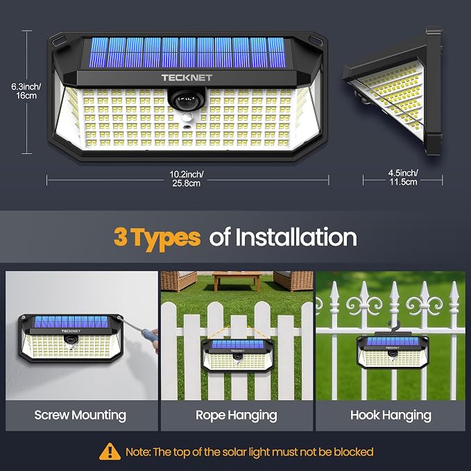TECKNET 546 LED Motion Sensor Outdoor Lights with Remote Control Hook 2Pack | 7500LM Solar Lights Outdoor with 2200mAh & IP66 Waterproof, 300° Angle & 3 Modes, Solar Lights for Patio Fence Garage