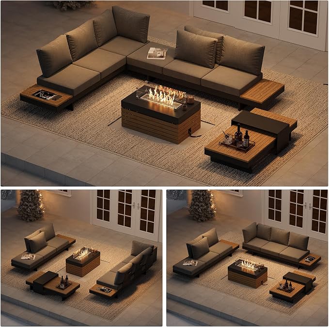 homary Patio Conversation Sets with Fire Pit, Modular Outdoor Sofa Aluminum & Teak Outdoor Sofa Se with Glass Wind Guard Ideal for Patios & Balconies, 6 Pepole
